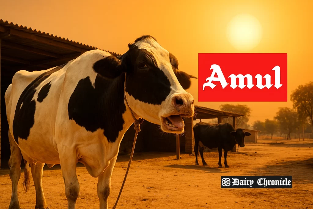Dairy cows in India being cooled with fans and sprinklers in a barn during extreme heat