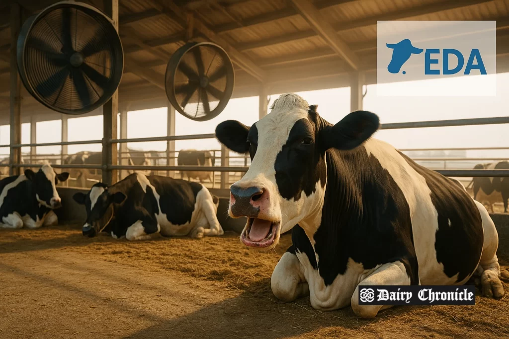 Dairy cows panting and resting in a shaded shed during intense summer heat in India