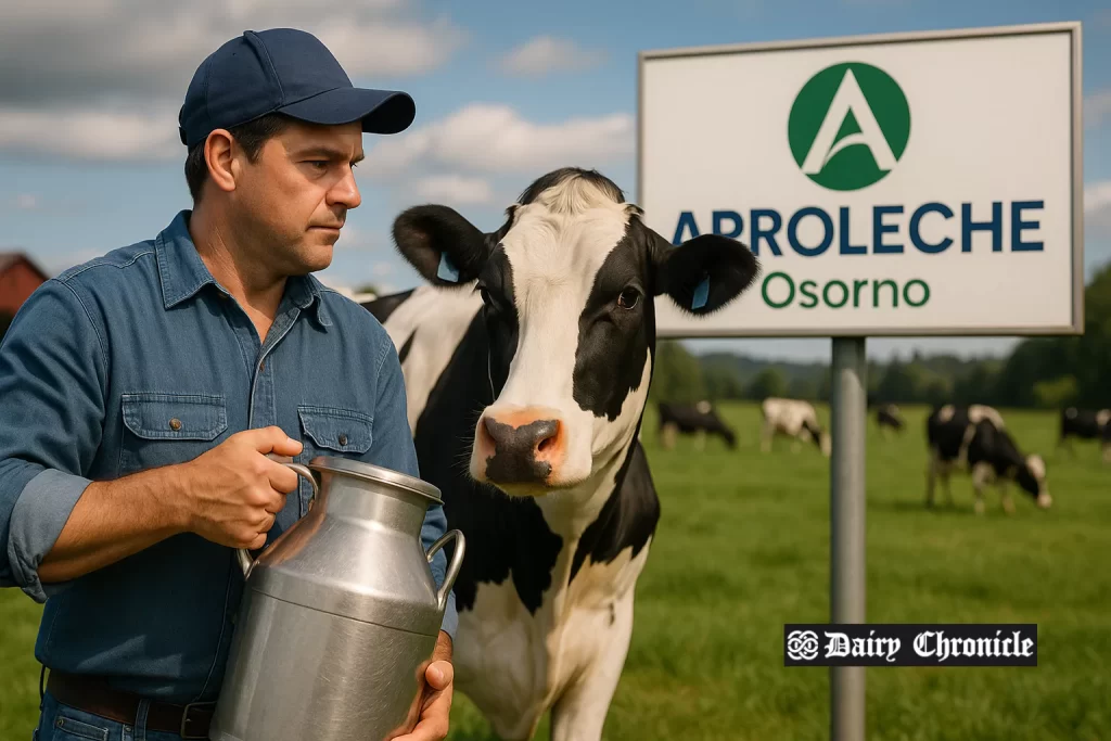 Farmer checking milk cans at a rural Chilean dairy cooperative facility