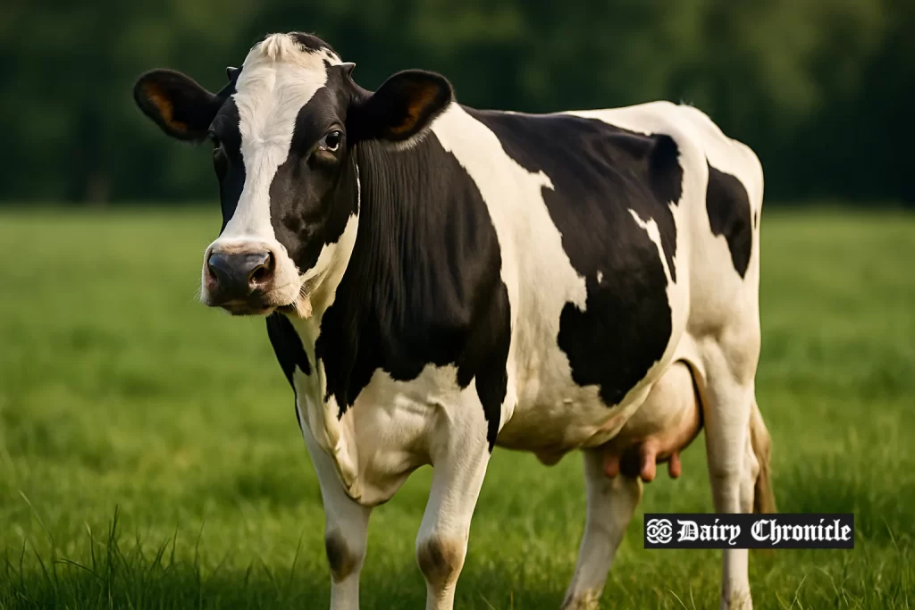 Hybrid dairy cow grazing in a field in Goa, bred to boost local milk production