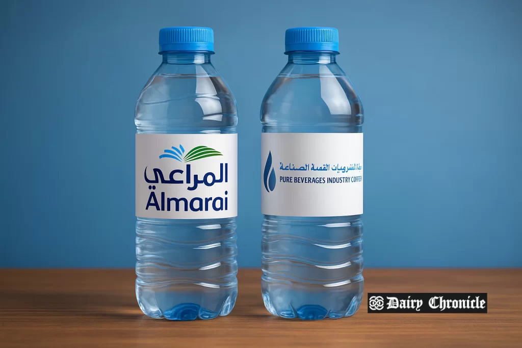 Almarai branded bottles and facility signage following acquisition of Pure Beverages in Saudi Arabia
