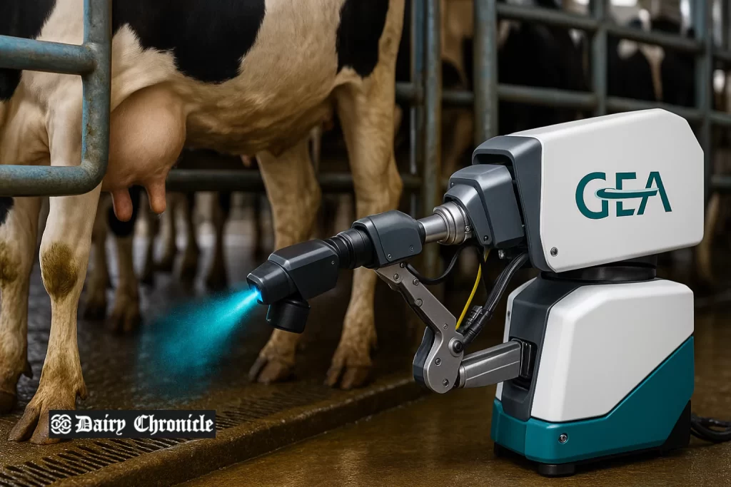 AI robot examining dairy cow for udder health