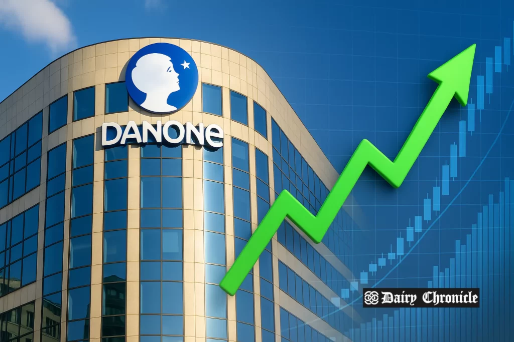 Danone logo over France map with upward arrows indicating consumer sector strength in France