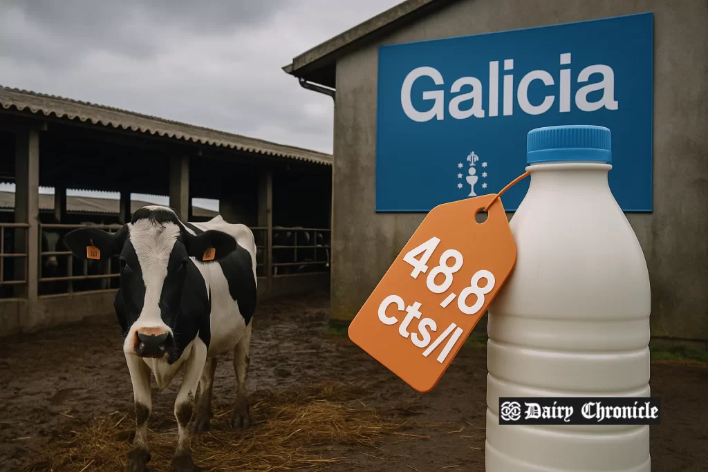 Cows grazing in Galicia pastures with milk containers symbolizing low farm-gate prices and rural economic stress