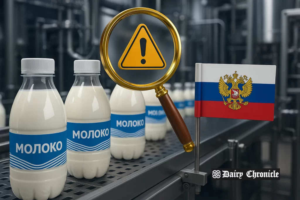 Inspection of Russian dairy products with counterfeit labels and adulterated ingredients, highlighting planned tougher penalties