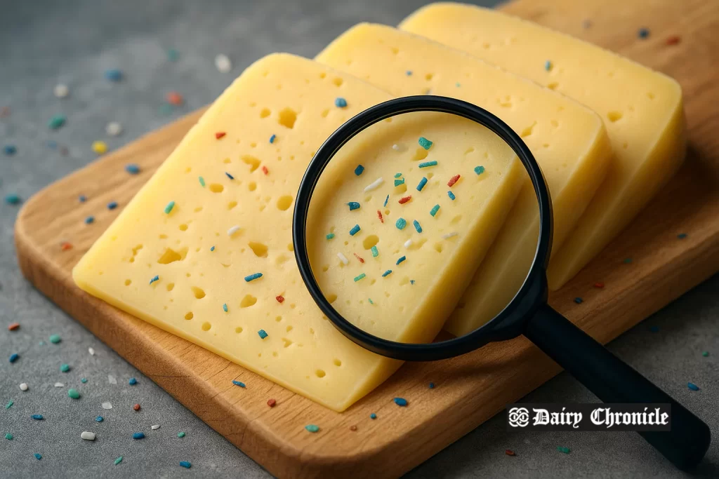 Cross-section of cheese revealing microplastic particles and packaging layers indicating invisible plastic contamination