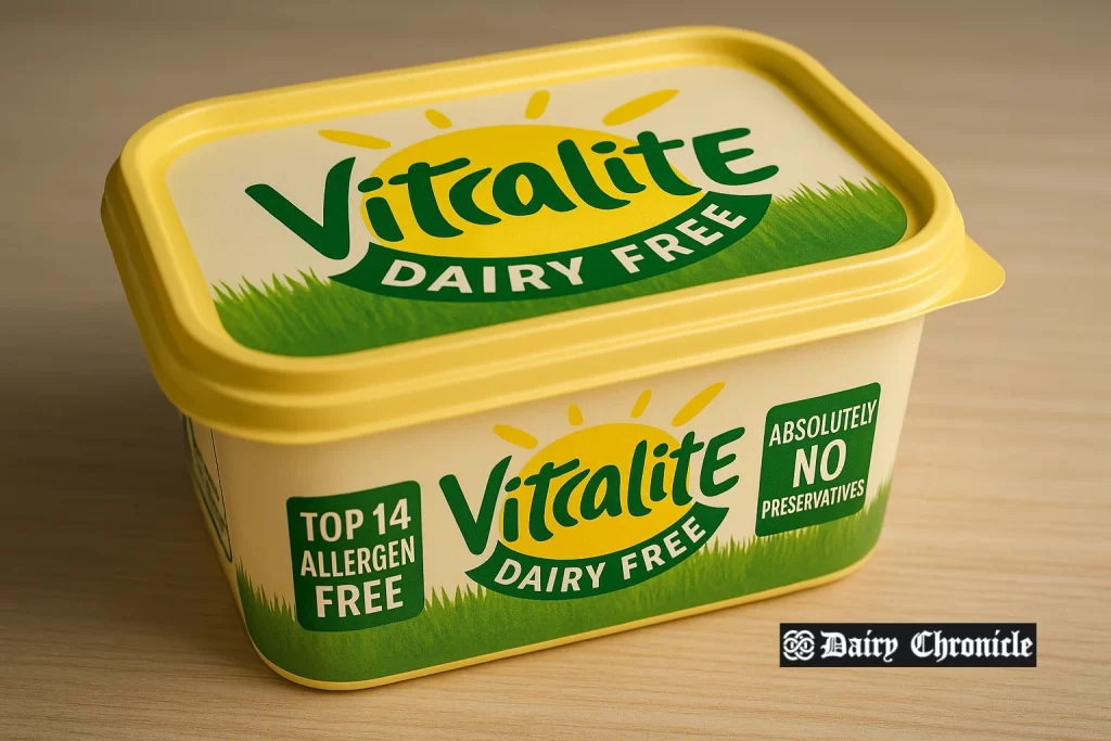 Vitalite dairy-free product with new allergen-free packaging, placed on a kitchen counter in a family-friendly setting