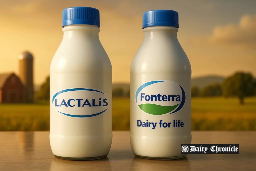 Lactalis and Fonterra logos alongside dairy products and handshake