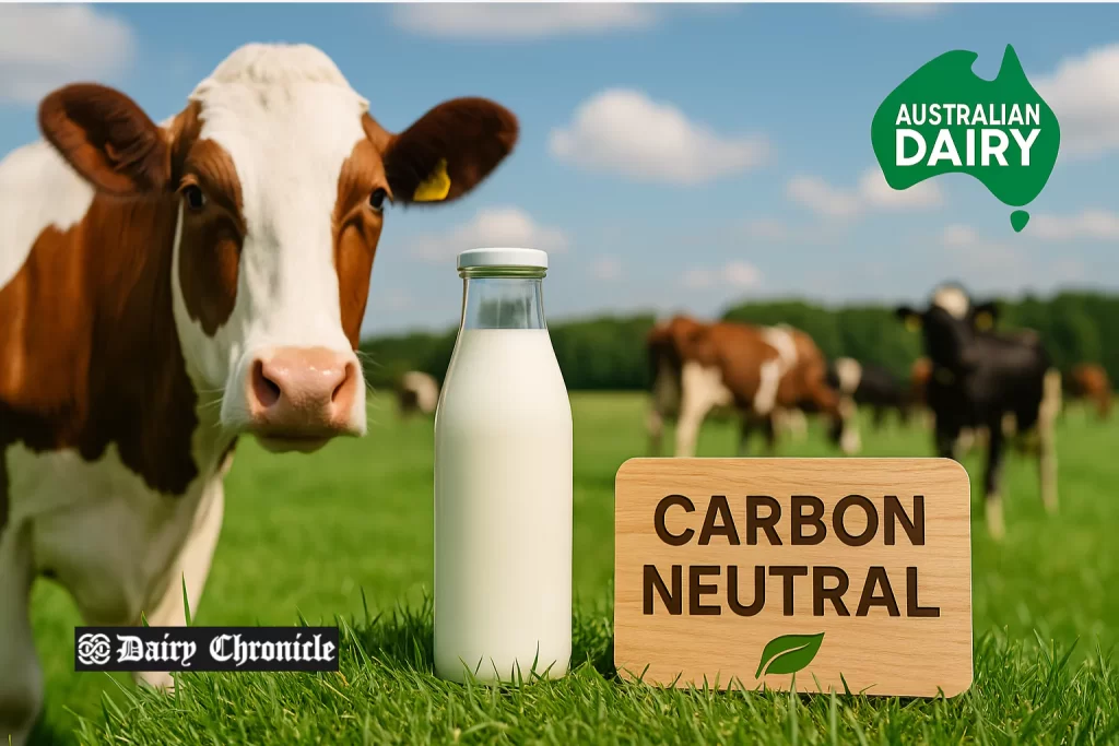 Australian dairy cows grazing on a green pasture under a blue sky