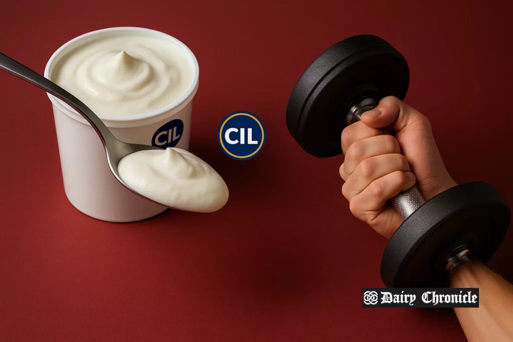 A spoonful of yogurt placed beside dumbbells and a protein-rich meal on a fitness table