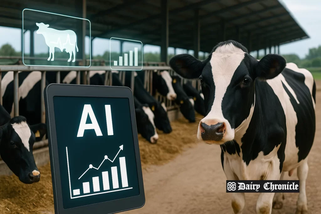 A dairy cow beside a digital screen displaying farm data, symbolizing tech integration in dairy farming