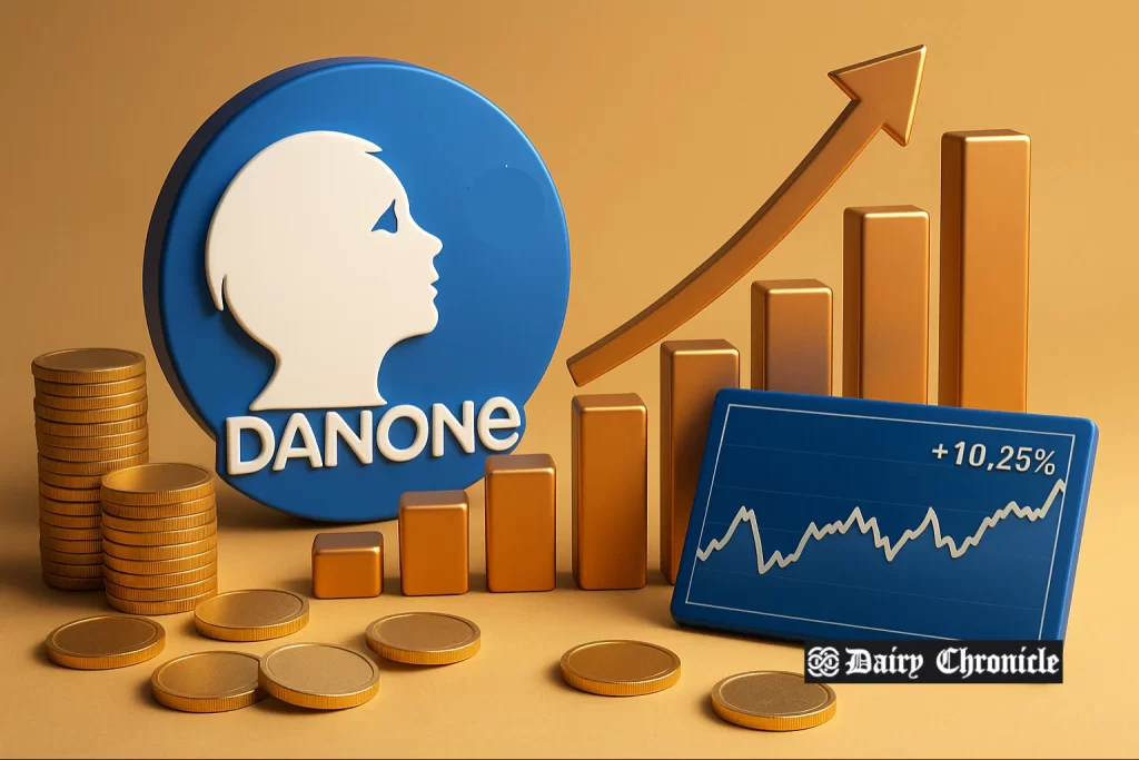 Danone logo on a building with a rising chart symbolizing record Q2 performance in the food industry