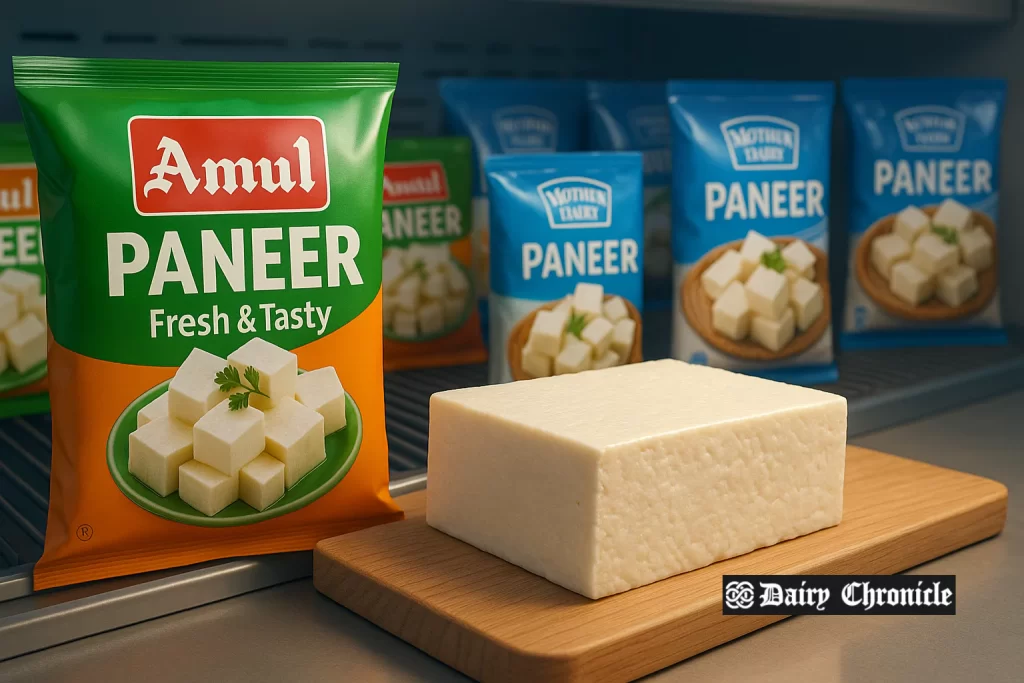 Amul and Mother Dairy branded paneer packs displayed on shelves reflecting changing market trends